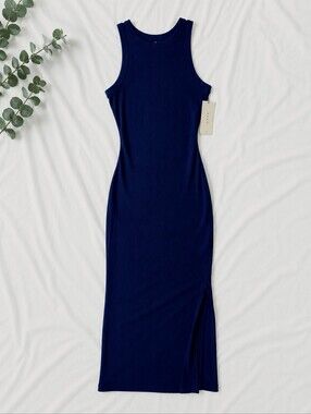 KAMO Navy Blue Ribbed Bodycon Maxi Dress Sleeveless Stretch Medium NWT